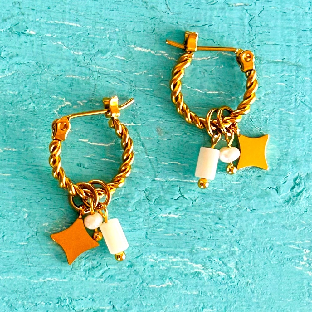NWT Handmade 18k Gold Plated Twisted Hoop Earrings with Charm Dangles